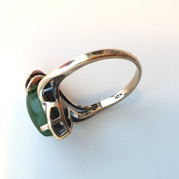 Precious Vintage 10K Yellow Gold Marquise Nephrite Jade & Diamond Cocktail Ring - Picture 8 of 12